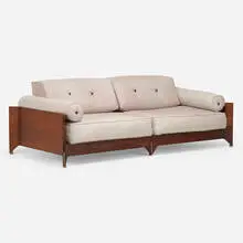 Brasiliana sofa by Jorge Zalszupin, 1959-1965, jacaranda, upholstery, aluminum, brass, sold Dec 2024