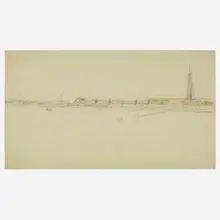 Lloyd Wright, Huntington Portal, Surfside, Channel View preliminary studies, 1962, colored pencil on blueline paper