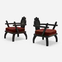 Lounge chairs, pair by Ettore Zaccari, carved lacquered wood, upholstery, sold Dec 2024