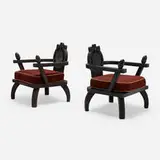 Ettore Zaccari, Lounge chairs, pair, carved lacquered wood, upholstery