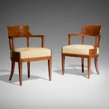attribution Alfred Grenander, Armchairs, pair, c. 1905, mahogany, suede upholstery, brass