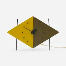 Kite table clock, model 2201B by George Nelson & Associates, 1954, lacquered wood, enameled steel, rubber, sold Dec 2024