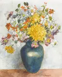 Still life with flowers by Noel Laura Nisbet, watercolor on paper laid down on board, offered Aug 2016