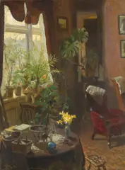 Valdemar Kornerup, Interior with red armchair, oil on canvas