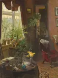 Valdemar Kornerup, Interior with red armchair, oil on canvas
