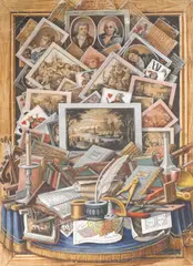Ludwig Melzer, Trompe l'oeil with drawings, books, playing cards and artist's utensils, gouache on paper
