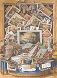 Ludwig Melzer, Trompe l'oeil with drawings, books, playing cards and artist's utensils, gouache on paper
