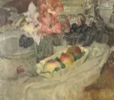 Louise Coupé, Nature morte avec Gladiolus et pommes, oil on canvas