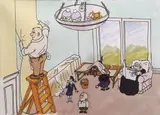 Carl Ronald Giles, Original sketch for Lyons Quick Brew tea commercial, Wallpapering aired in 1983, UK, color marker and collage on paper