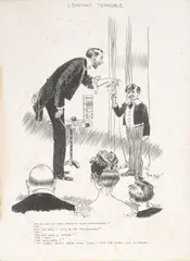 Humorous Sketches and Comic Strips from by René Bull, c. 1895, Nine pen and ink drawings on Whatman Board, each signed and captioned, each approximately 14 1/4 x 10 5/8 inches, one sm, offered Aug 2016