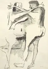 Kenneth Armitage, Ohne Titel (Zwei Figuren), 1959, Kohle, laviert, auf Papier (Wasserzeichen: J & F H KENT)