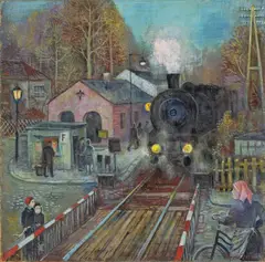 Kleiner Bahnhof" (Bahnhof Schwielowsee). (Vor) 1962 by Magnus Zeller, Öl auf Leinwand, sold May 2008