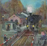 Magnus Zeller, Kleiner Bahnhof" (Bahnhof Schwielowsee). (Vor) 1962, Öl auf Leinwand