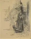 Max Liebermann, Holländische Hofecke mit Frau, Um 1890, Kreide, teilweise gewischt und weiß gehöht, auf hellgrauem Papier