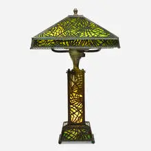 Riviere Studios, Pine Needle table lamp, c. 1910, glass, patinated bronze