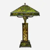 Riviere Studios, Pine Needle table lamp, c. 1910, glass, patinated bronze