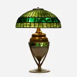 Turtleback tile table lamp by Tiffany Studios, 1899-1920, patinated bronze, Favrile glass, leaded glass, sold Jan 2021