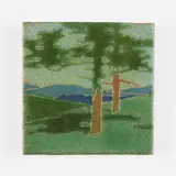 The Pines tile by Addison LeBoutillier for Grueby Faience Company, c. 1906, glazed earthenware decorated in cuenca, sold Jan 2021