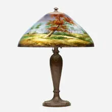 Joseph Jefferson, Scenic table lamp, c. 1920, reverse-painted acid-etched glass, patinated metal