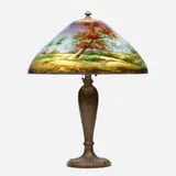 Joseph Jefferson, Scenic table lamp, c. 1920, reverse-painted acid-etched glass, patinated metal