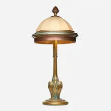 Oscar Bach, Large table lamp with birds, patinated brass, copper, linen
