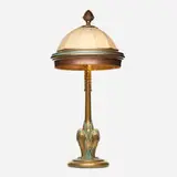 Oscar Bach, Large table lamp with birds, patinated brass, copper, linen
