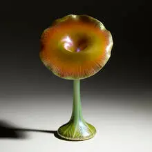 Jack-in-the-Pulpit vase by Quezal, c. 1910, hand-blown glass, sold Jan 2021