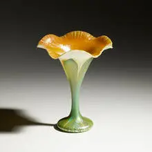 Pulled-feather vase by Quezal, c. 1910, hand-blown glass, sold Jan 2021