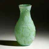 Sculptured Chrysanthemum vase by Alexander Joseph von Steuben, c. 1925, acid-etched Opal over Green Cintra glass, sold Jan 2021