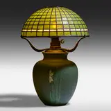 Rare table lamp by Ellen Farrington for Grueby Faience Company, c. 1905, glazed earthenware, leaded glass, brass, sold Jan 2021