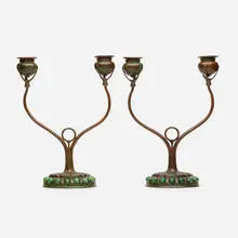 Blown-out candlesticks, pair by Tiffany Studios, c. 1910, patinated bronze, hand-blown glass, sold Jan 2021