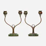 Blown-out candlesticks, pair by Tiffany Studios, c. 1910, patinated bronze, hand-blown glass, sold Jan 2021