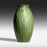 Rare vase with tulips by Marie Seaman for Grueby Faience Company, 1898-1910, glazed earthenware, sold Jan 2021