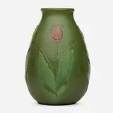 Rare vase with tulips by Grueby Faience Company, 1898-1910, glazed earthenware, sold Jan 2021
