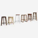 Collection of six stools from Chandigarh by Pierre Jeanneret, c. 1960-66, teak, painted steel, painted teak, cane, sold Dec 2024