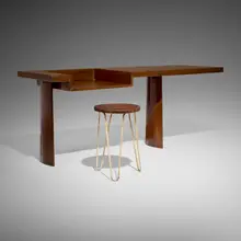 Le Corbusier and Balkrishna Doshi, Console desk and stool from Ahmedabad, teak, painted steel