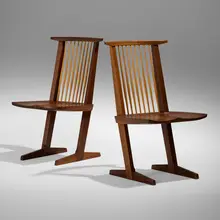 Conoid chairs, pair by George Nakashima, 1989, American black walnut, hickory, sold Dec 2024