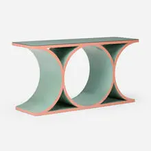 Double JMF console by Karl Springer, c. 1985, lacquered wood, glass, sold Dec 2024