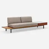 Charlotte Perriand, Bench from Cité Cansado, Mauritania, 1958, mahogany, lacquered steel, laminate, fabric upholstery