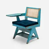 Writing chair from Chandigarh by Pierre Jeanneret, c. 1960, painted wood, cane, upholstery, sold Dec 2024