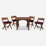 Dining set from Punjab University, Chandigarh by Pierre Jeanneret, c. 1959, teak, cane, velvet upholstery, sold Dec 2024