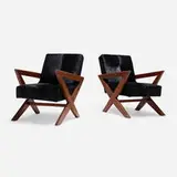 Lounge chairs from the M.L.A. Flats, Chandigarh, pair by Pierre Jeanneret, c. 1955, teak, hide, sold Dec 2024