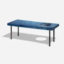 Occasional table by Renato Bassoli, c. 1956, glazed ceramic, enameled steel, sold Dec 2024