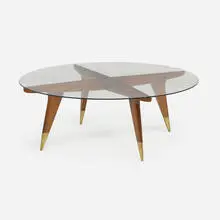 Coffee table by Gio Ponti, 1950, walnut, glass, brass, sold Dec 2024