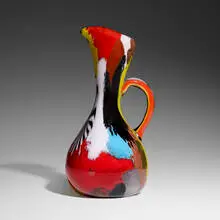 Oriente ewer by Dino Martens, 1954, internally decorated polychrome patchwork glass with copper inclusions, pinwheel and filigrana, sold Dec 2024