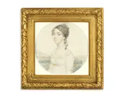 John Smart, Standing before a rural landscape, wearing white Empire dress with frilled trim, her dark hair curled and upswept, pencil and watercolour on paper, unsigned, square gilt-metal frame with reed and ribbon motifs, wood back, circular, 15.0cm square frame.