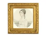 John Smart, Standing before a rural landscape, wearing white Empire dress with frilled trim, her dark hair curled and upswept, pencil and watercolour on paper, unsigned, square gilt-metal frame with reed and ribbon motifs, wood back, circular, 15.0cm square frame.