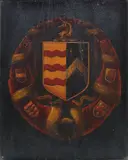 The coat of arms of the Bassett Family of Cornwall with unicorn crest with separate escutcheons on an ermine surround with motto 'pro rege et populo' by English School, oil on panel, sold Jan 2017