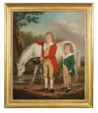 English Naïve School, Two young gentlemen with a horse, oil on canvas