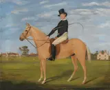 English Naïve School, A gentleman rider on a dun horse with a townscape in the distance, oil on canvas